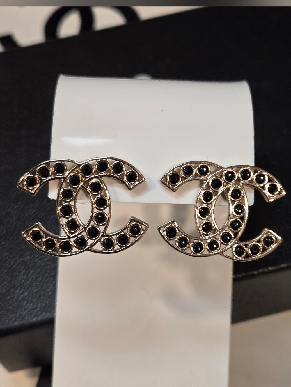 Chanel 2023B Black Crystal CC Logo Stud Earrings, Gold-Tone Metal